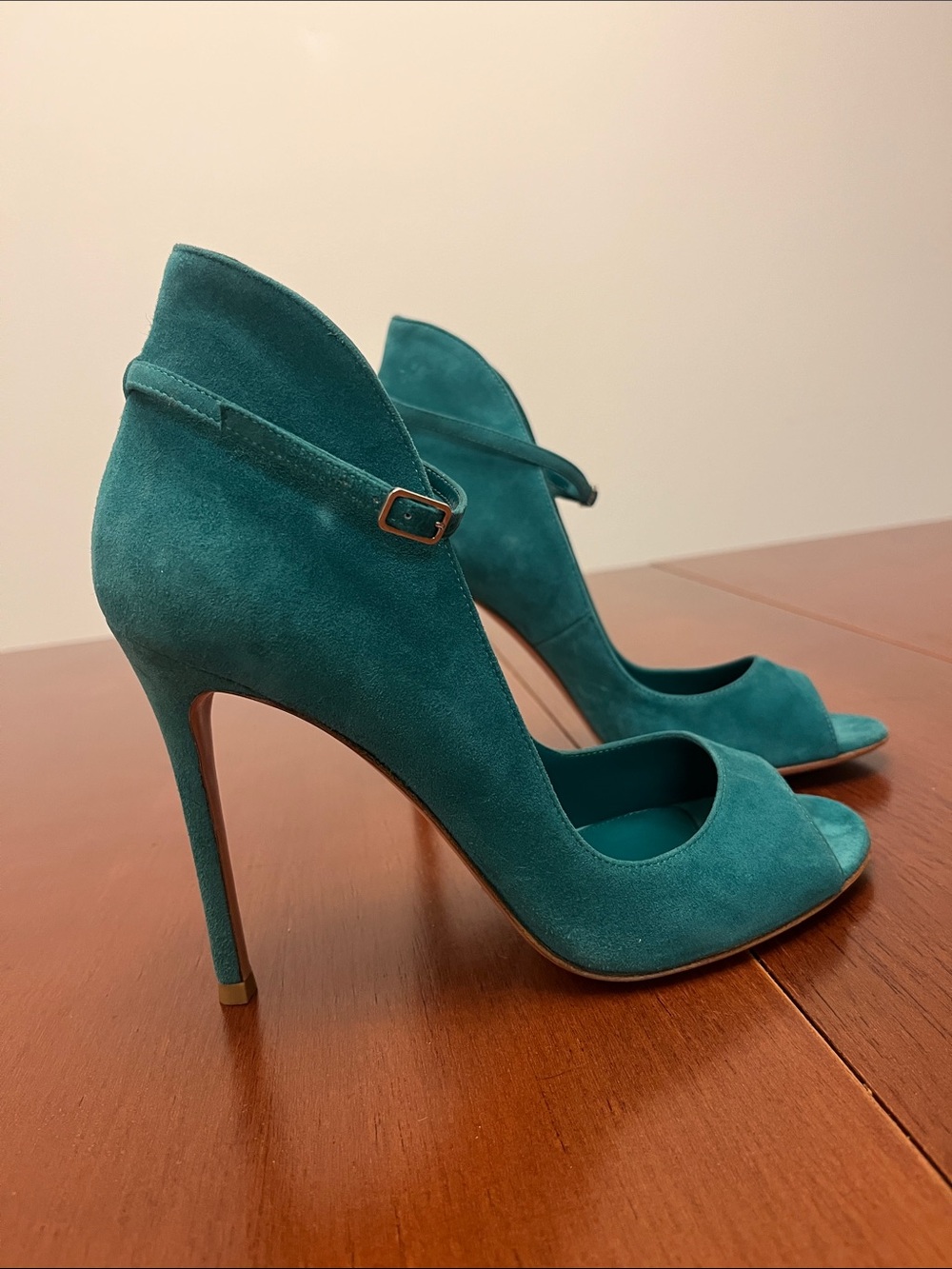 Gianvito Rossi  Teal Suede Peep-Toe High Heels with Ankle Strap Sz 38